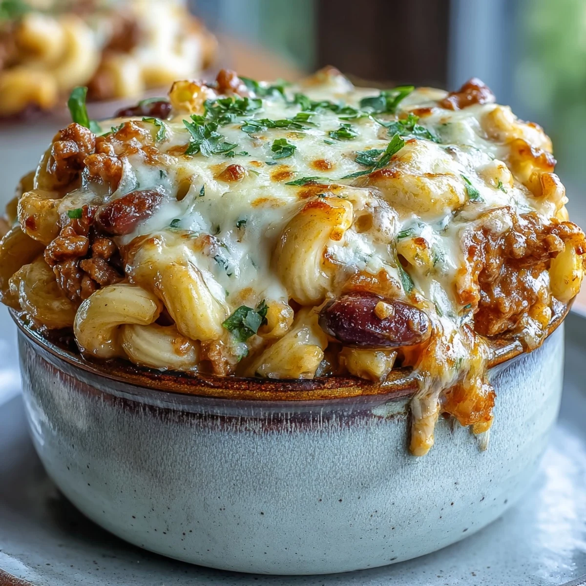 Golden, cheesy Baked Ranch Turkey Chili Mac with ground turkey, beans, and pasta in a rustic skillet.