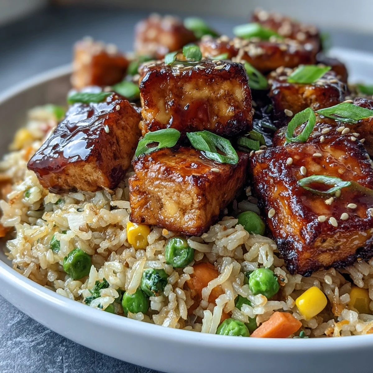 Close-up of chopsticks lifting crispy sesame tofu fried rice from a skillet, highlighting the glossy soy-sesame sauce.