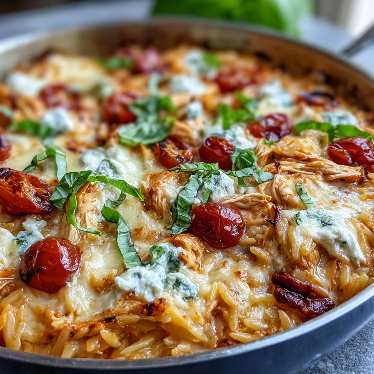 Creamy One-Pan Creamy Chicken Lasagna Orzo with ricotta dollops, fresh spinach, and melted mozzarella bubbling on top.