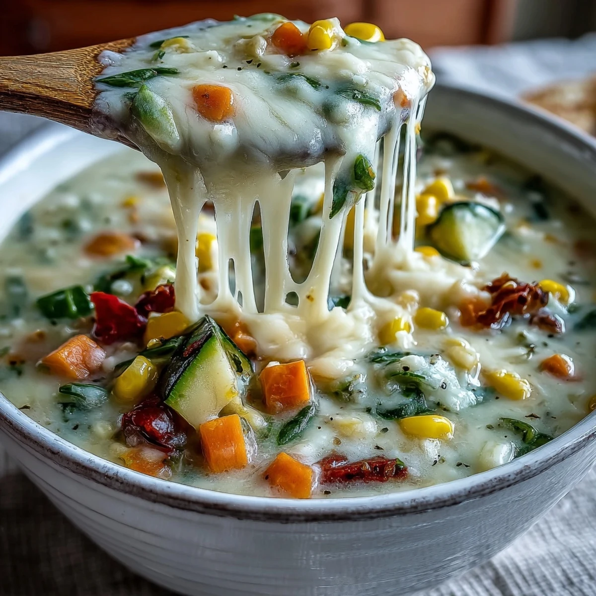 Creamy Garlic Parmesan Veggie Soup steams in a rustic bowl, topped with extra grated Parmesan and fresh cracked pepper.
