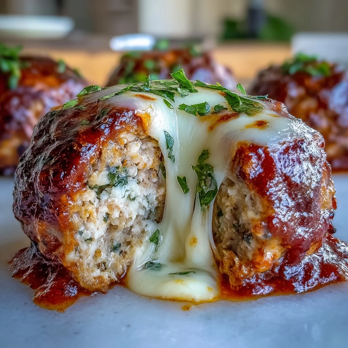 Golden-brown Baked Spicy Chicken Parm Meatballs with melted mozzarella in rich red sauce.
