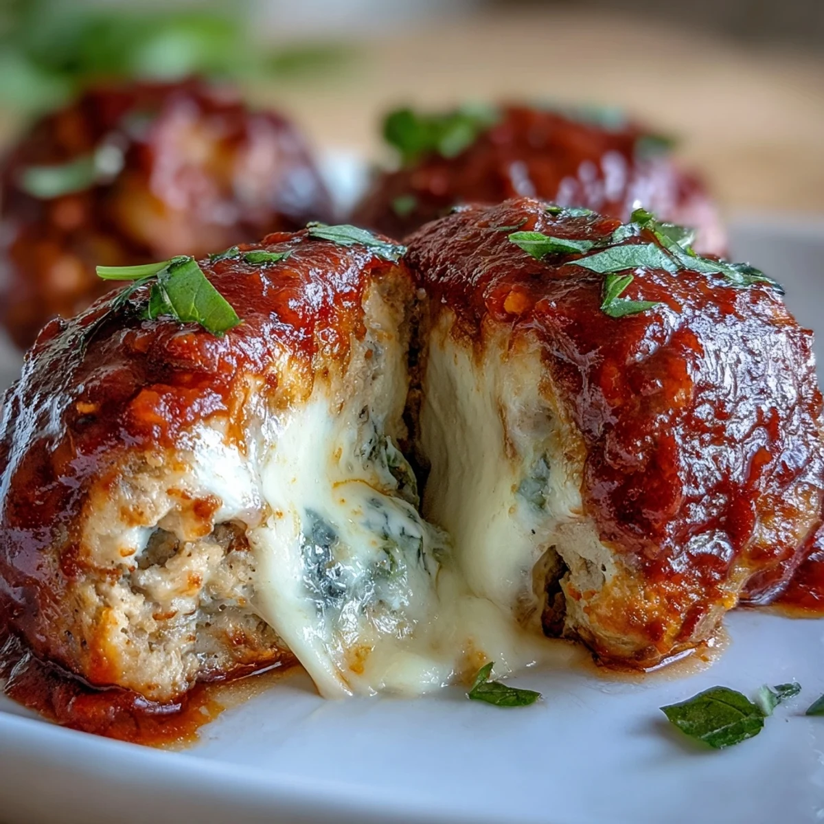 Serve these juicy Baked Spicy Chicken Parm Meatballs over spaghetti for a family-style Italian-American dinner.