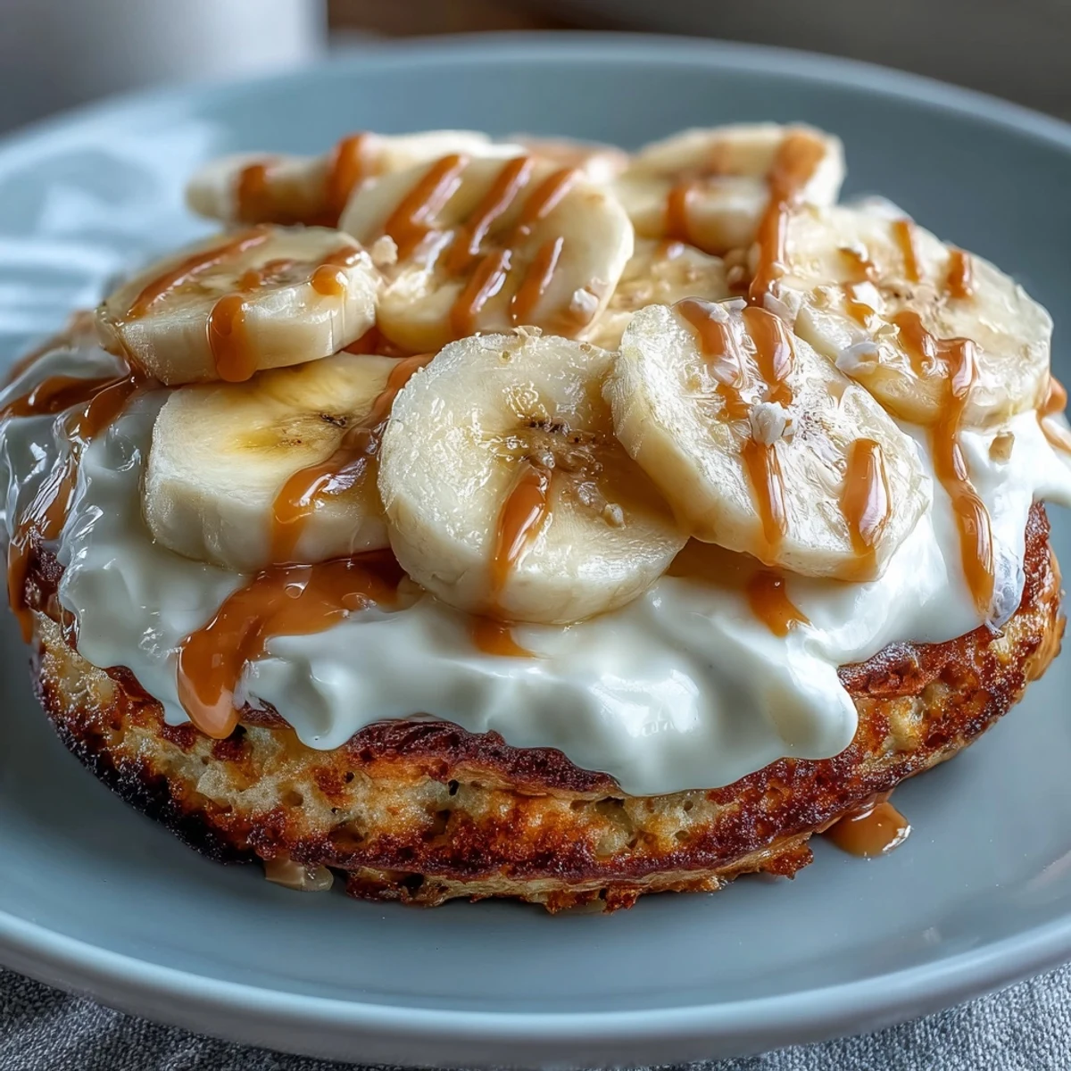 Sliced bananas and rich peanut butter swirl over the creamy yogurt topping of this warm High-Protein Breakfast Pizza Bowl.