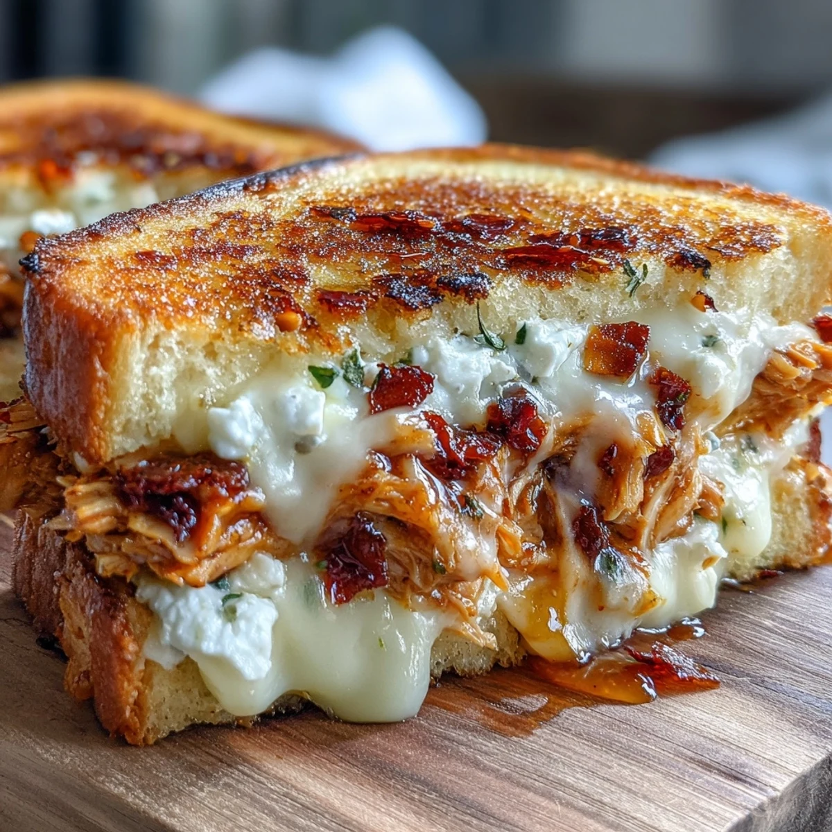 Melting hot honey drizzles over a golden, crispy Goat Cheese & Hot Honey Chicken Grilled Cheese sandwich.