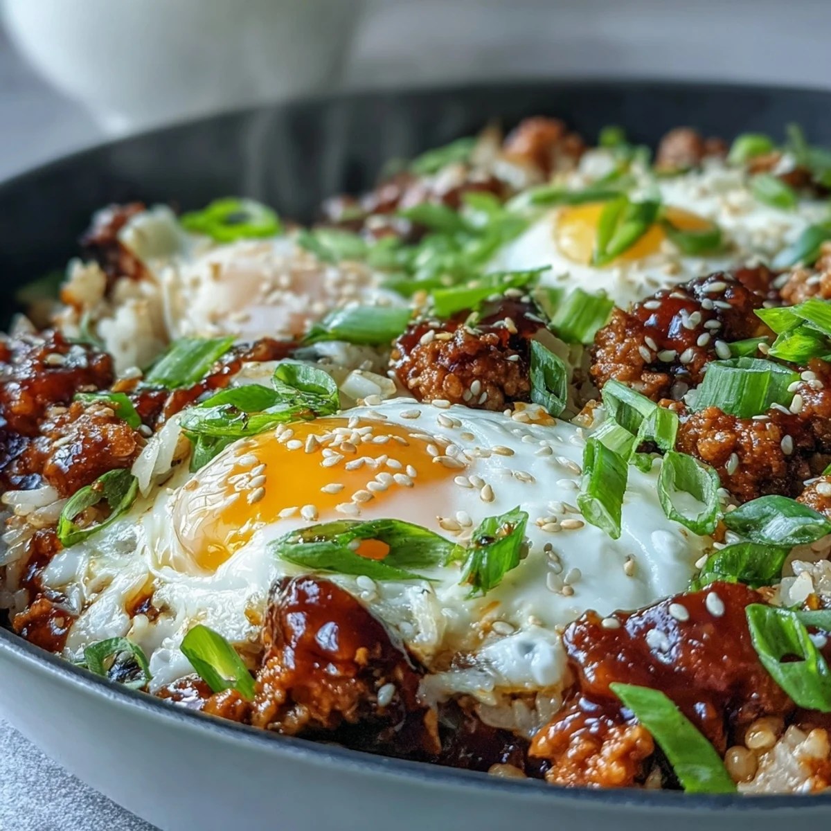 Creamy Korean Turkey Rice Skillet features ground turkey, fluffy rice, and a jammy halved egg on top, ready to enjoy.