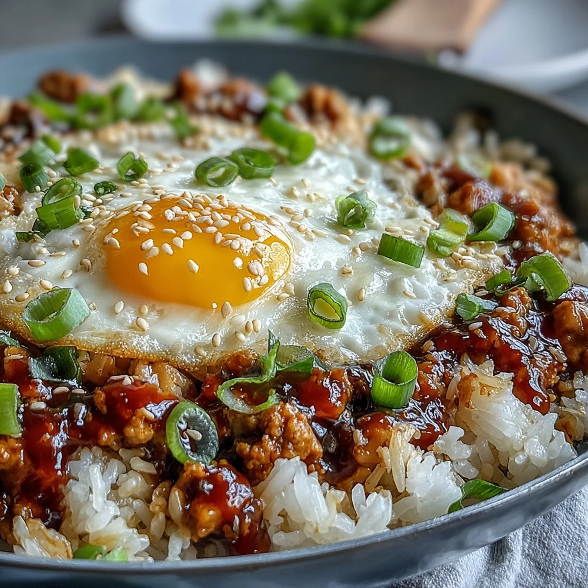 In a skillet, ground turkey simmers in gochujang sauce with rice and spinach, garnished with green onions and sesame.