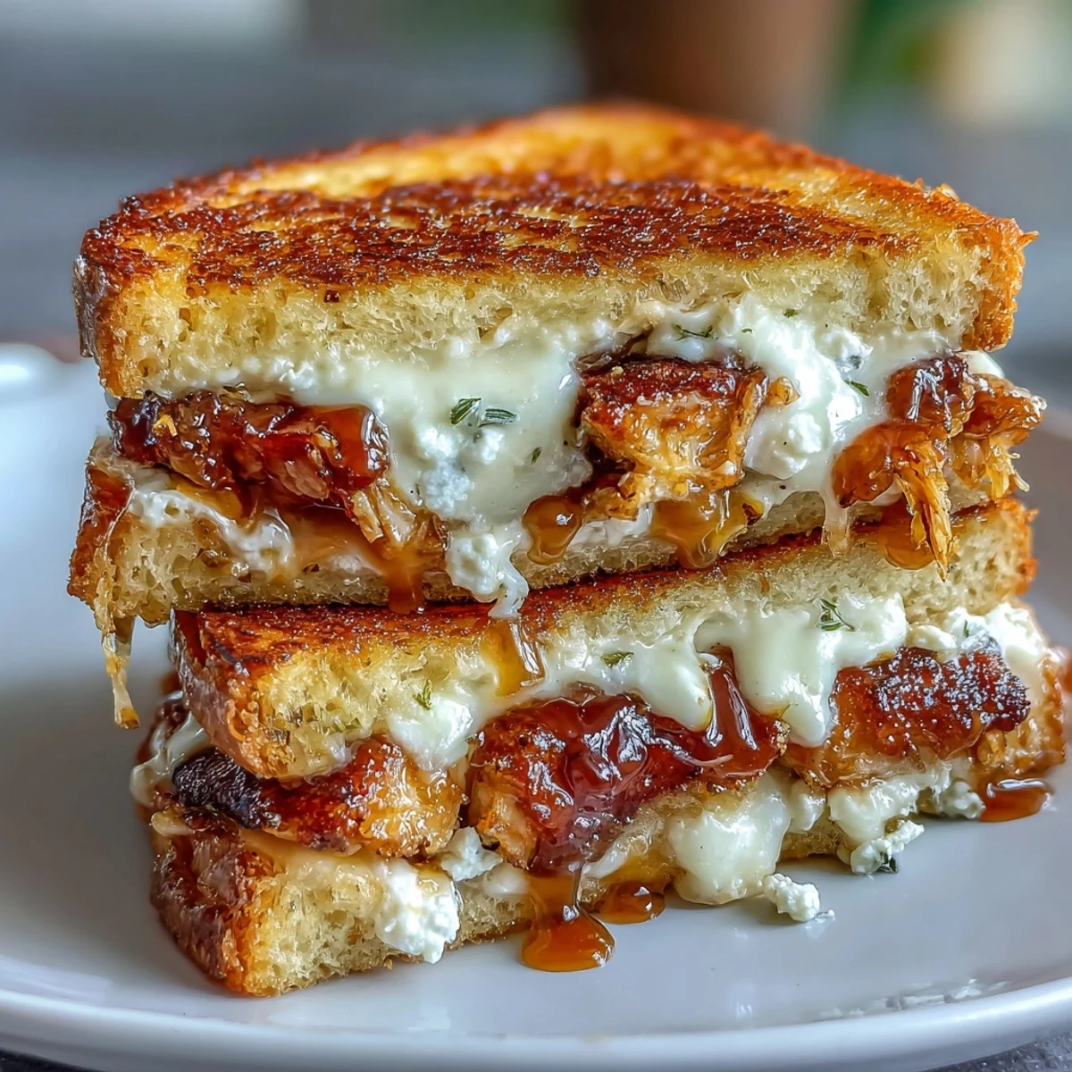 Golden-brown sourdough grilled cheese sandwiches filled with shredded chicken, creamy goat cheese, and drizzled with spicy hot honey, served on a rustic plate.