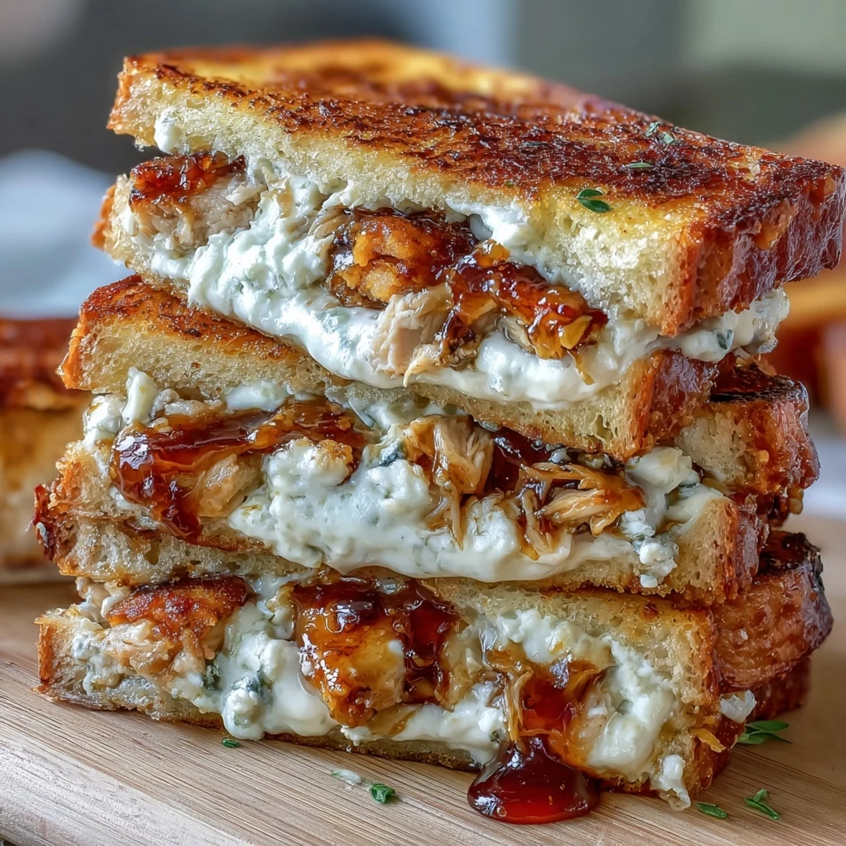 Melty Goat Cheese & Hot Honey Chicken Grilled Cheese halves stacked on a white plate, showing juicy chicken and gooey cheese oozing from crispy bread.