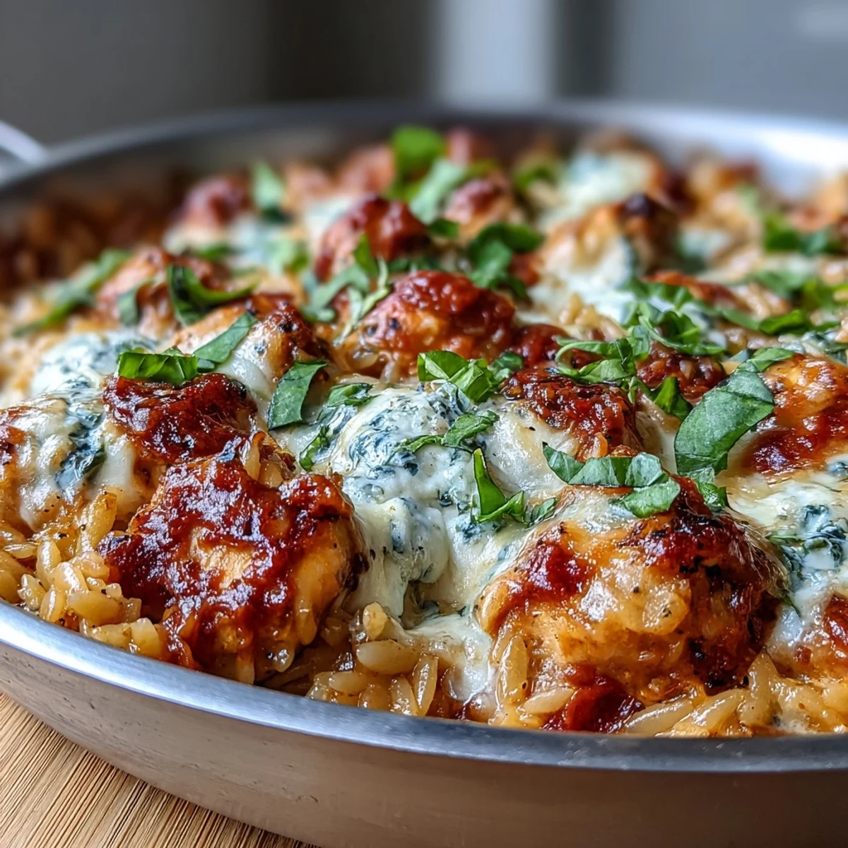 Creamy One-Pan Creamy Chicken Lasagna Orzo bubbling with melted mozzarella and ricotta, garnished with fresh basil and served beside a crisp green salad.