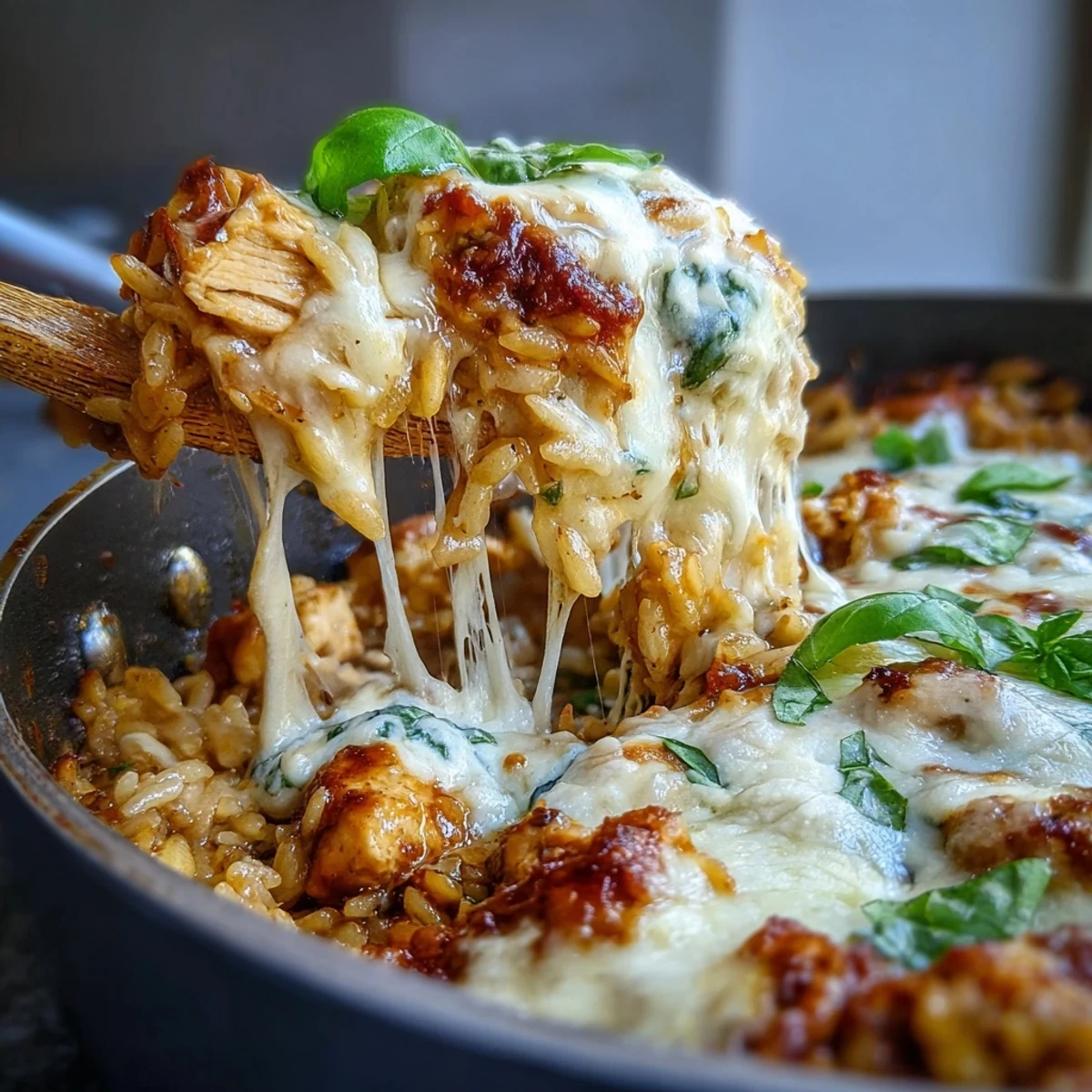 A close-up of One-Pan Creamy Chicken Lasagna Orzo in a skillet, featuring tender chicken, savory tomato sauce, and toasted orzo pasta.