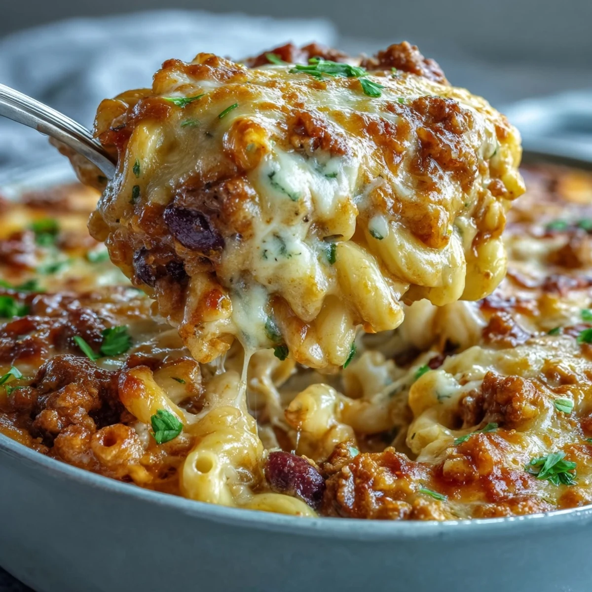 Golden, bubbly cheddar tops a skillet of Baked Ranch Turkey Chili Mac, garnished with fresh cilantro.