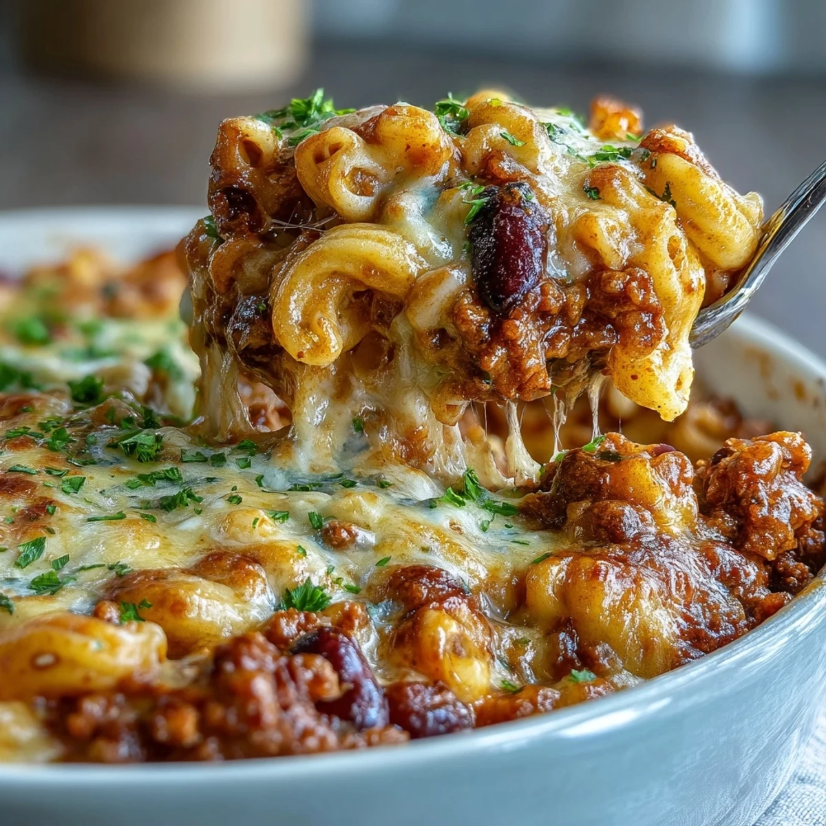 Family-style Baked Ranch Turkey Chili Mac with creamy cheese and visible beans in a Dutch oven.