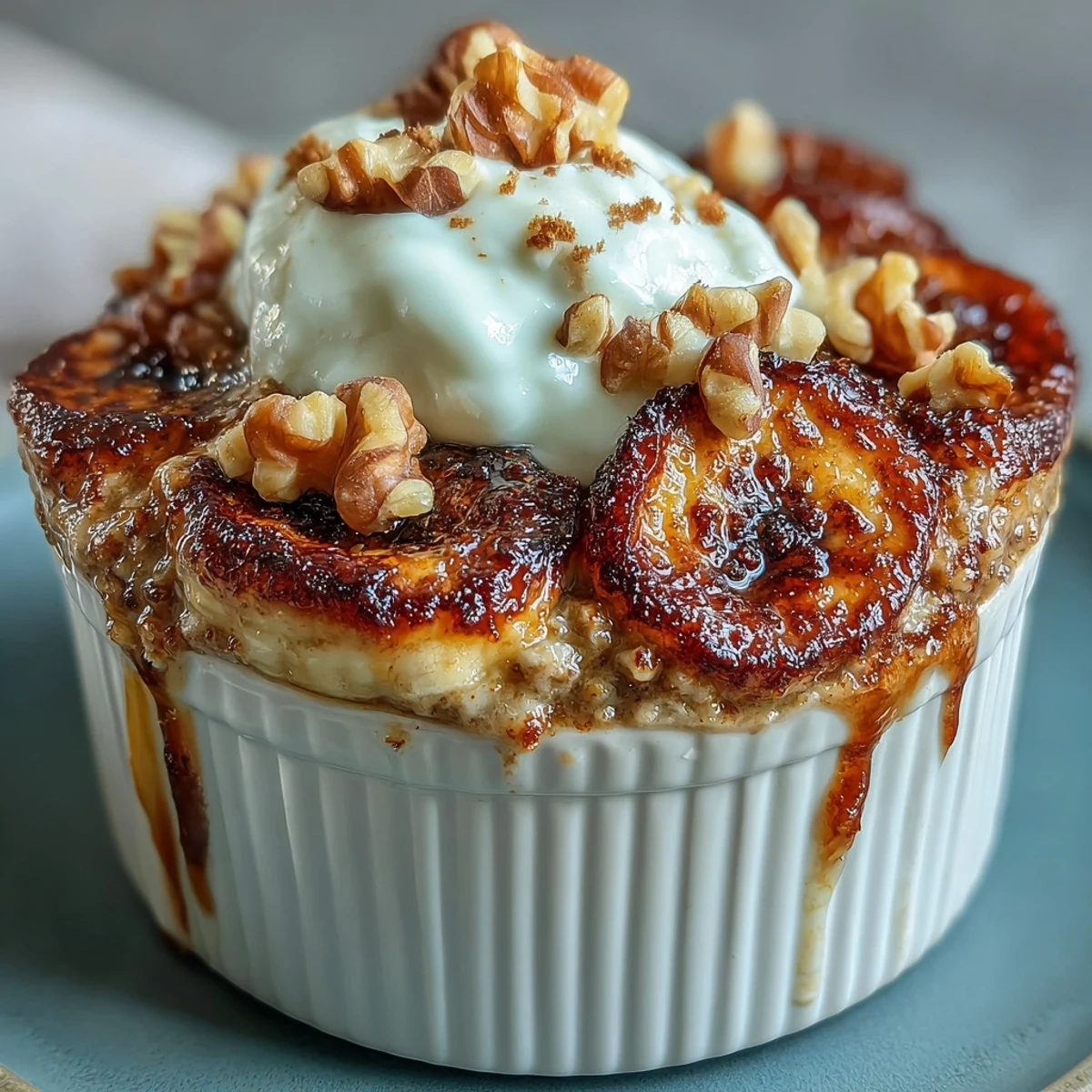 Freshly baked Cinnamon Swirl Protein Banana Baked Oats steaming in a ceramic ramekin, topped with sliced bananas and Greek yogurt.