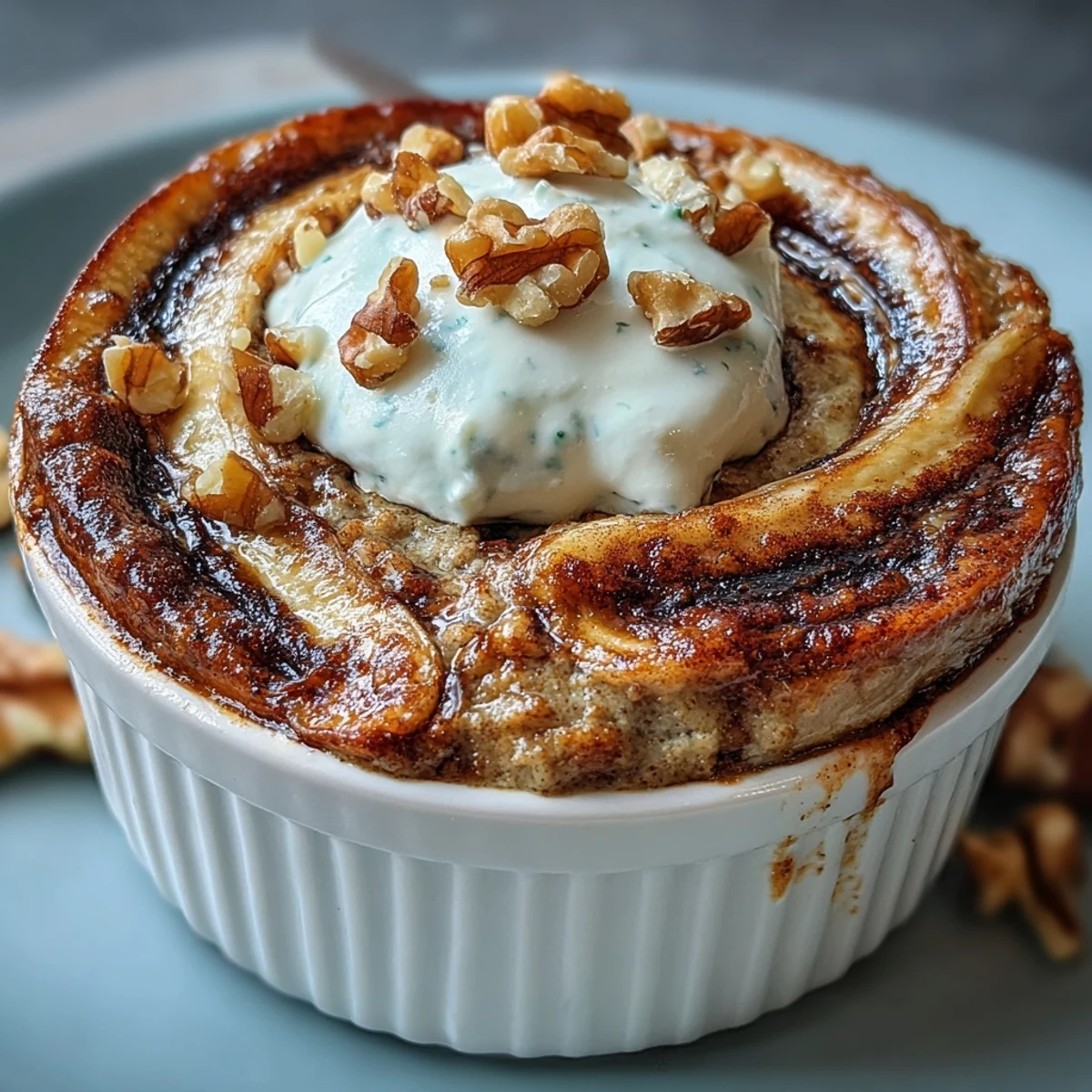 Warm, fluffy Cinnamon Swirl Protein Banana Baked Oats with a visible cinnamon ribbon, paired with a cup of coffee for breakfast.