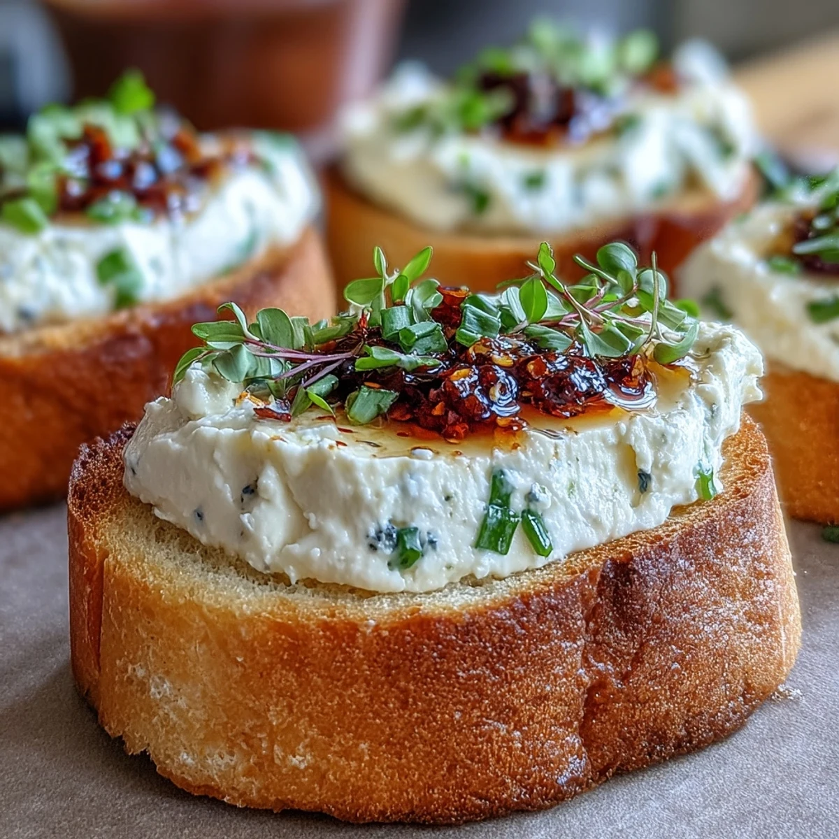 Golden, crisp baguette slices piled high with creamy goat cheese, drizzled with shimmering sweet-spicy hot honey.