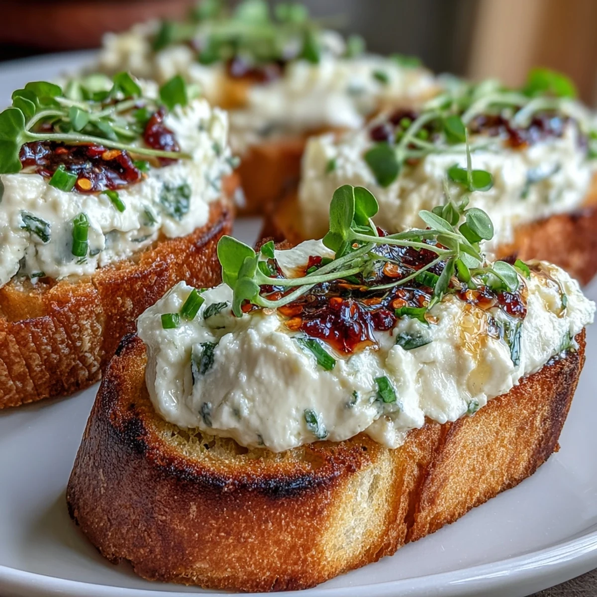 Crispy crostini appetizer with tangy cheese and red pepper flake honey, served on a rustic board.