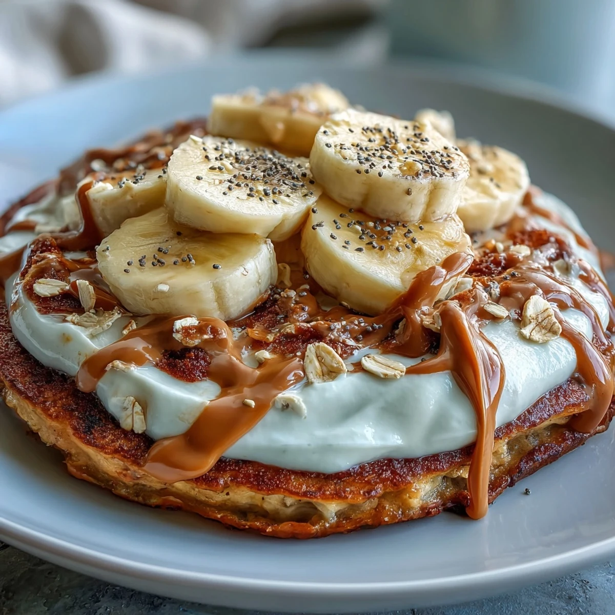 Golden-brown High-Protein Breakfast Pizza Bowl fresh from the oven, topped with creamy Greek yogurt frosting and sliced bananas.