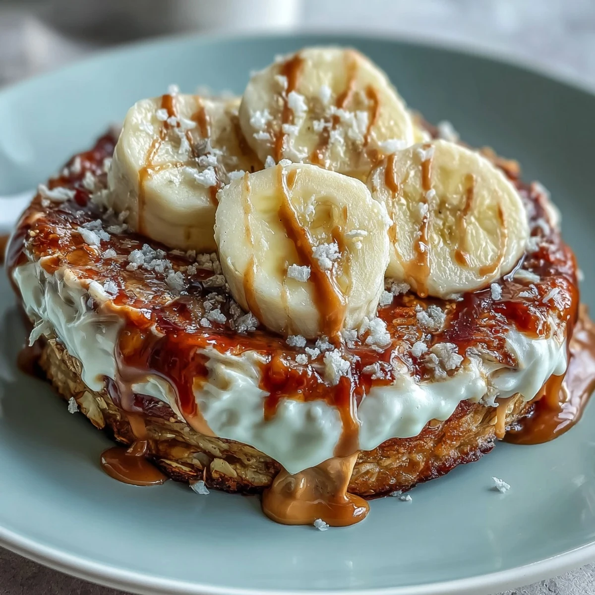 Fresh banana slices and a rich peanut butter drizzle add texture to this High-Protein Breakfast Pizza Bowl.