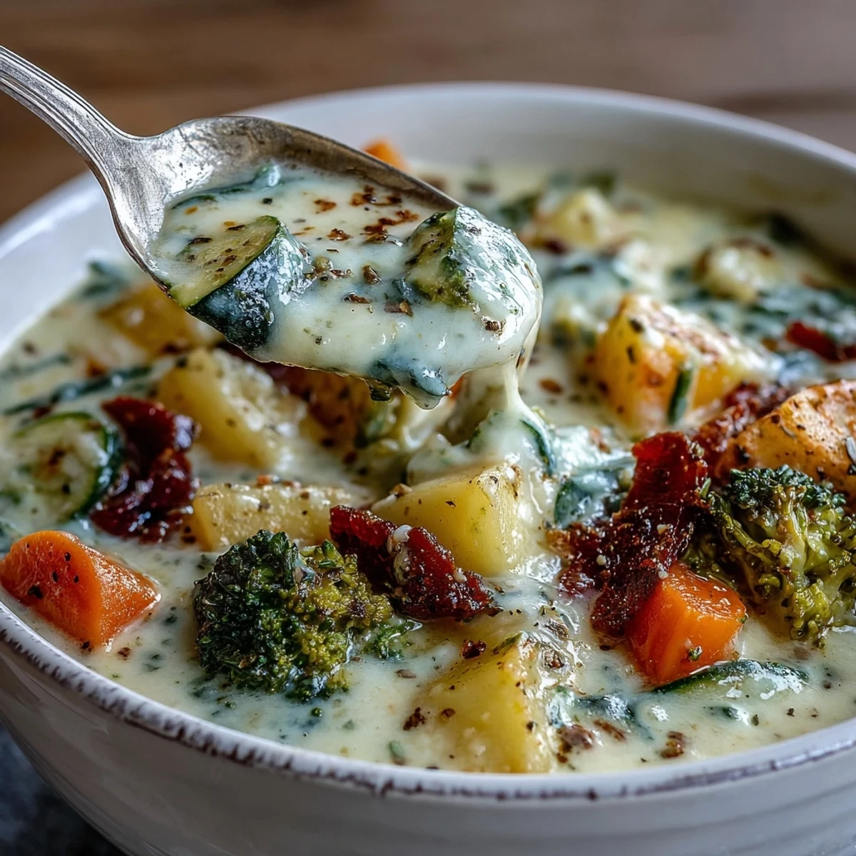 Serving suggestion for Creamy Garlic Parmesan Veggie Soup paired with crusty artisan bread for dipping into the hearty stew.