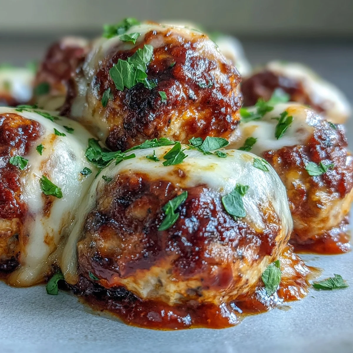 Golden-brown spicy chicken meatballs in zesty marinara, topped with melted mozzarella in a white baking dish.