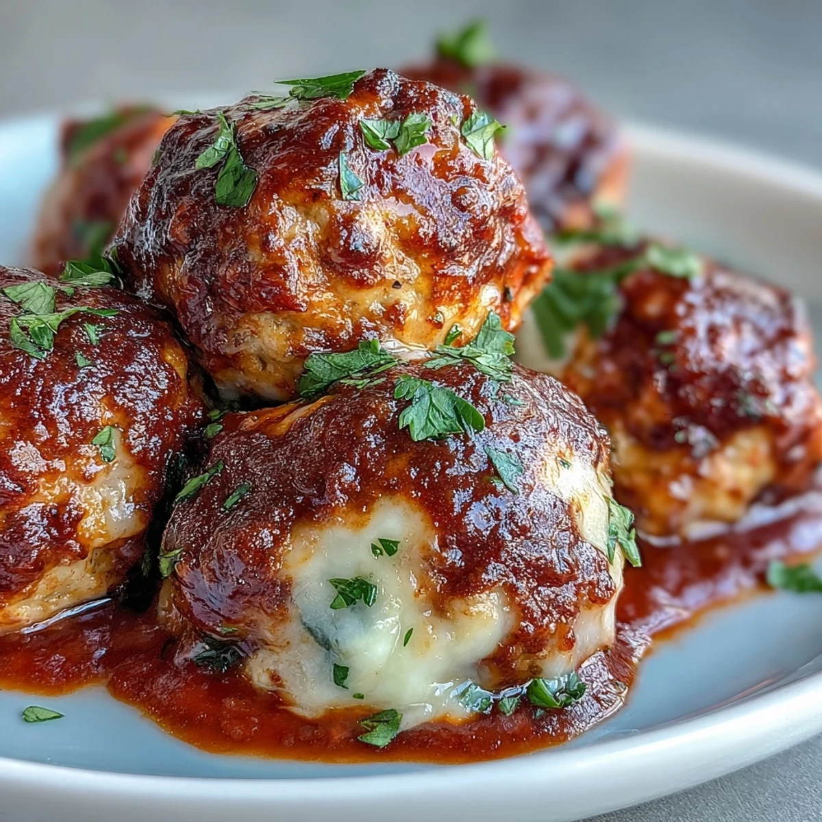 Sizzling Baked Spicy Chicken Parm Meatballs in a skillet, garnished with mozzarella and red pepper flakes for heat.