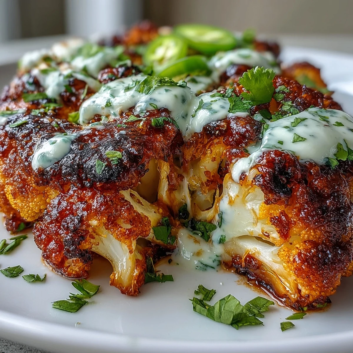 Oven-roasted Keto Chili Lime Cauliflower Steaks are golden and crisp-tender, drizzled with creamy avocado crema and garnished with fresh cilantro.