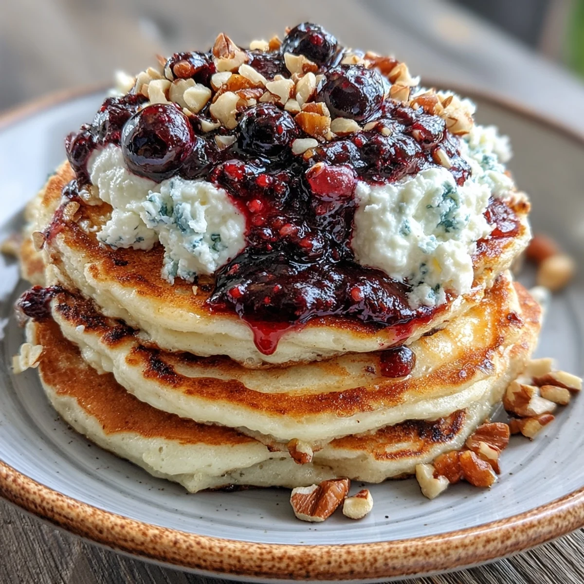 Stack of fluffy High-Protein Greek Yogurt Pancakes with Blueberry Compote, drizzled with maple syrup on a white plate.