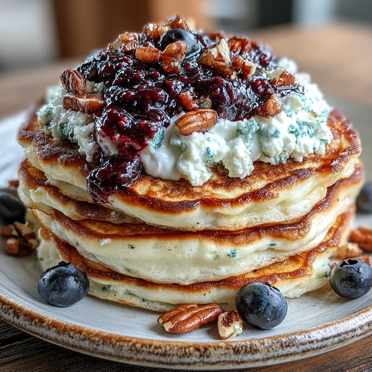 Warm High-Protein Greek Yogurt Pancakes with Blueberry Compote served with fresh berries and a dollop of yogurt.