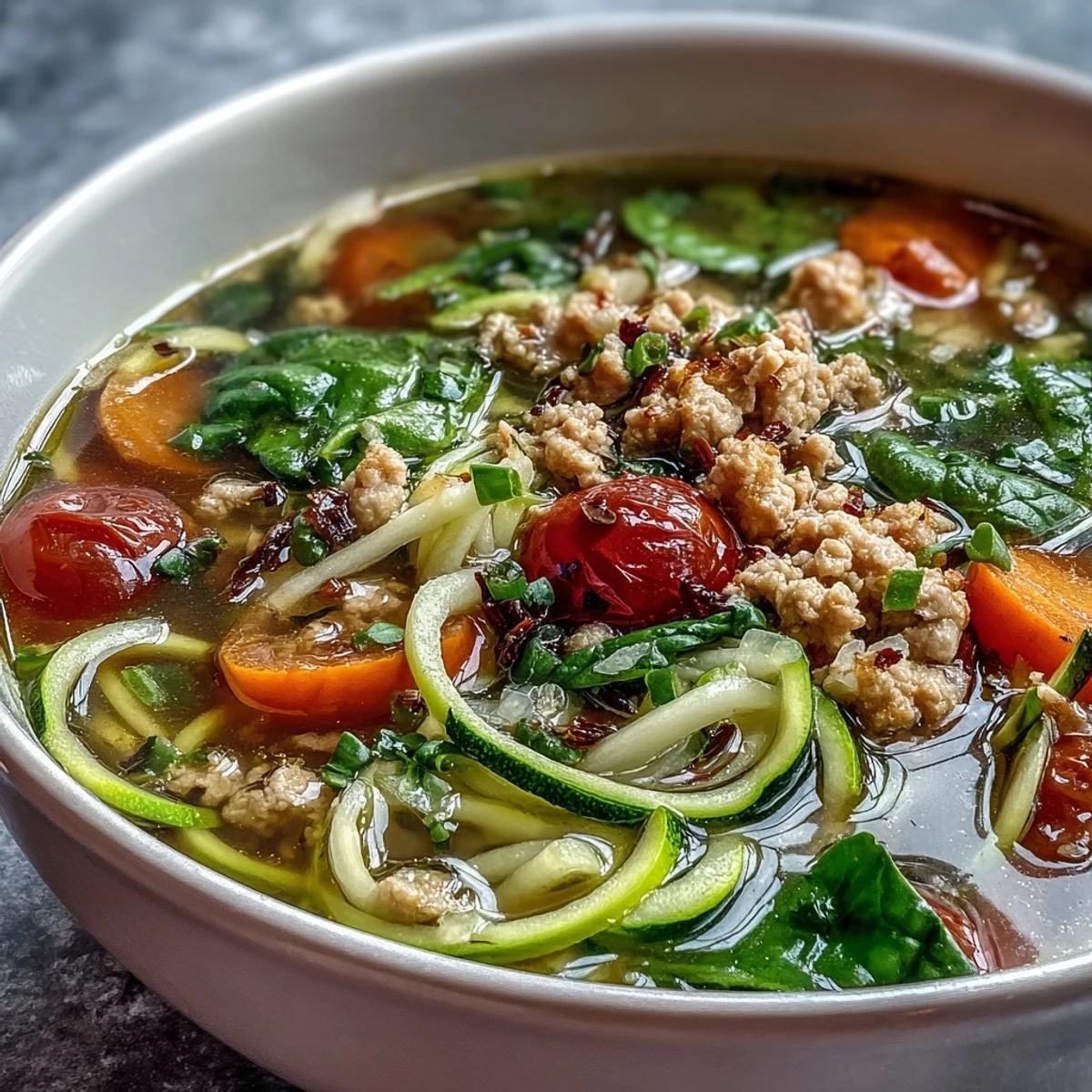 Steaming Turkey and Veggie Zucchini Noodle Soup features ground turkey and spinach in a clear broth.