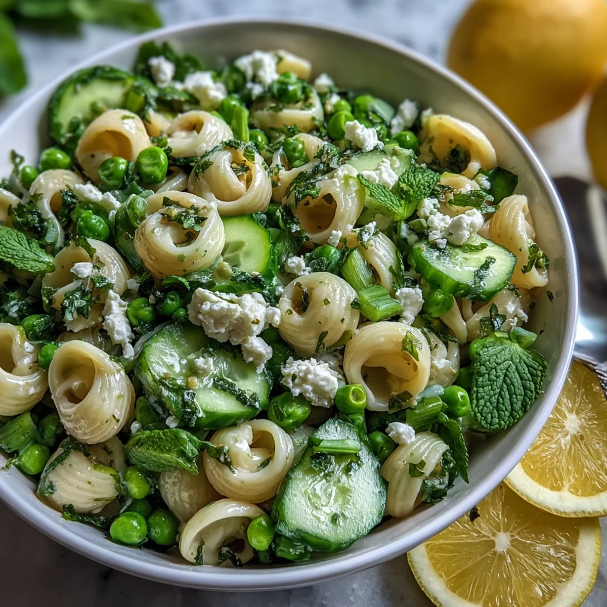Fresh Spring Pea and Mint Pasta Salad with Lemon Vinaigrette, tossed with diced cucumber and spring onions in a ceramic bowl.