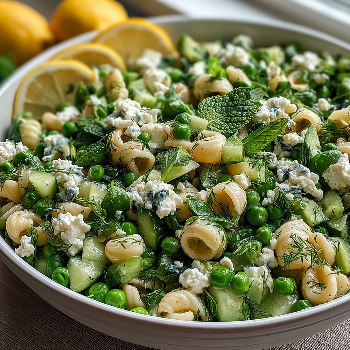 A close-up of Fresh Spring Pea and Mint Pasta Salad with Lemon Vinaigrette glistening, served on a plate with lemon wedges.