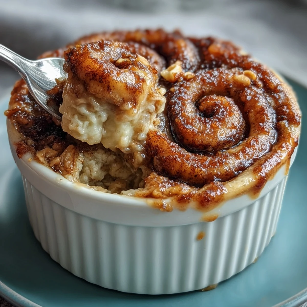 Golden Cinnamon Swirl Protein Banana Baked Oats are baked in a ramekin, offering a tender, warm breakfast.