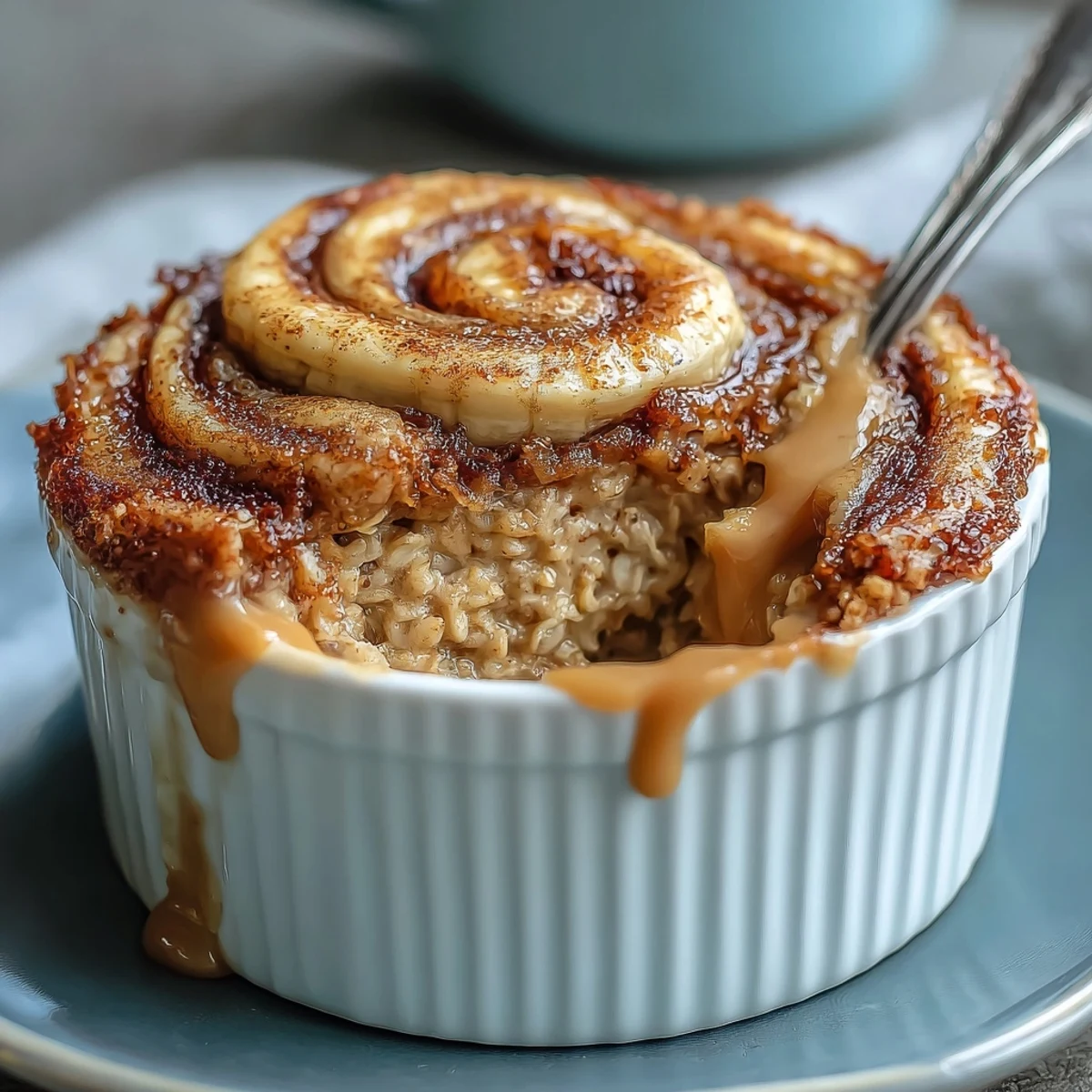 Warm Cinnamon Swirl Protein Banana Baked Oats with a gooey cinnamon center, ready to enjoy after a quick bake.