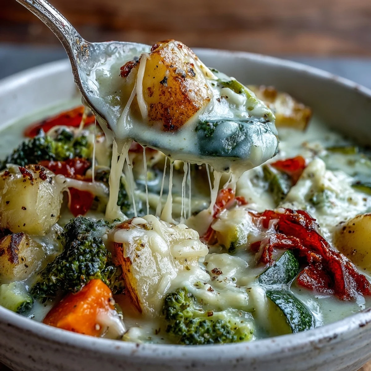 Serving suggestion for Creamy Garlic Parmesan Veggie Soup paired with crusty artisan bread for dipping into the hearty stew.