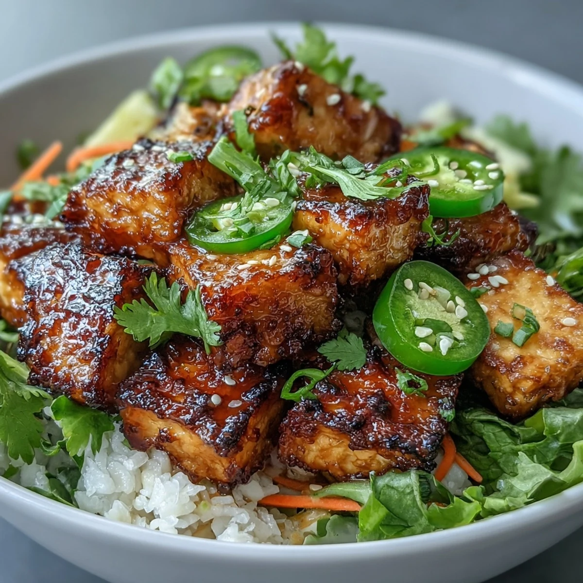 A hearty vegan banh mi bowl featuring golden crispy tofu, crunchy pickled carrots and daikon, fresh herbs, and creamy sriracha sauce over steamed rice.
