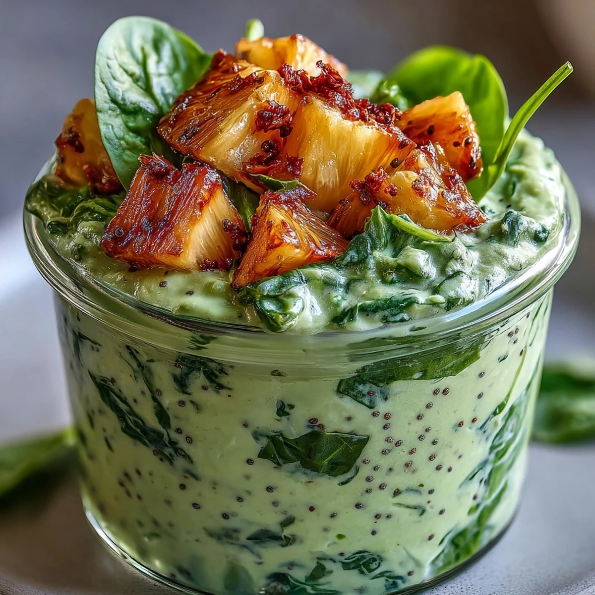 Bright green smoothie jars filled with spinach, pineapple, banana, and chia seeds—ready to blend for a refreshing, nutrient-rich start.