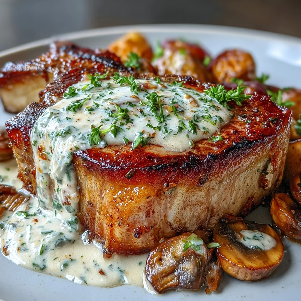 Keto Creamy Mushroom Pork Chops with Roasted Radishes: Juicy pork chops in a velvety garlic mushroom cream sauce, paired with golden roasted radishes for a hearty low-carb dinner.