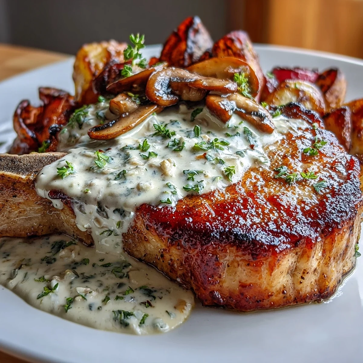 Succulent pork chops seared to perfection, smothered in rich Parmesan mushroom cream sauce, served with crispy-edged roasted radishes for a satisfying keto meal.