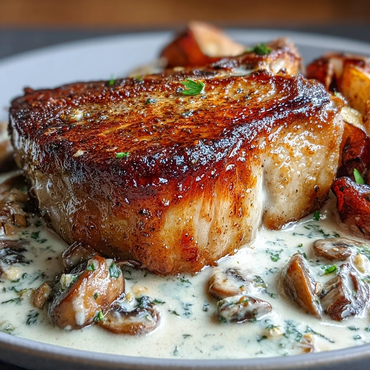 Tender pork chops simmered in a savory garlic cream sauce with sautéed mushrooms, accompanied by oven-roasted radishes for a flavorful low-carb dinner.