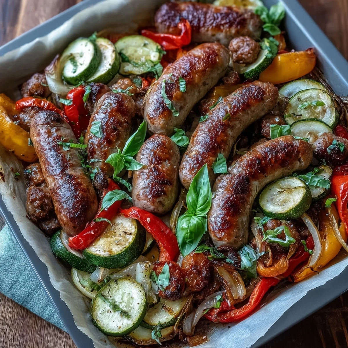 A vibrant sheet pan meal featuring caramelized Italian sausages nestled with tender roasted vegetables and fragrant herbs.  