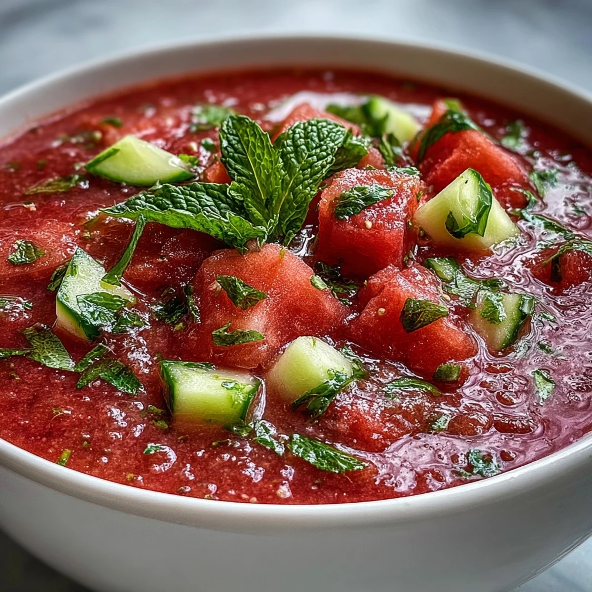 Silky vegan watermelon mint gazpacho with cucumber and lime, served cold and topped with colorful diced watermelon and fresh mint.