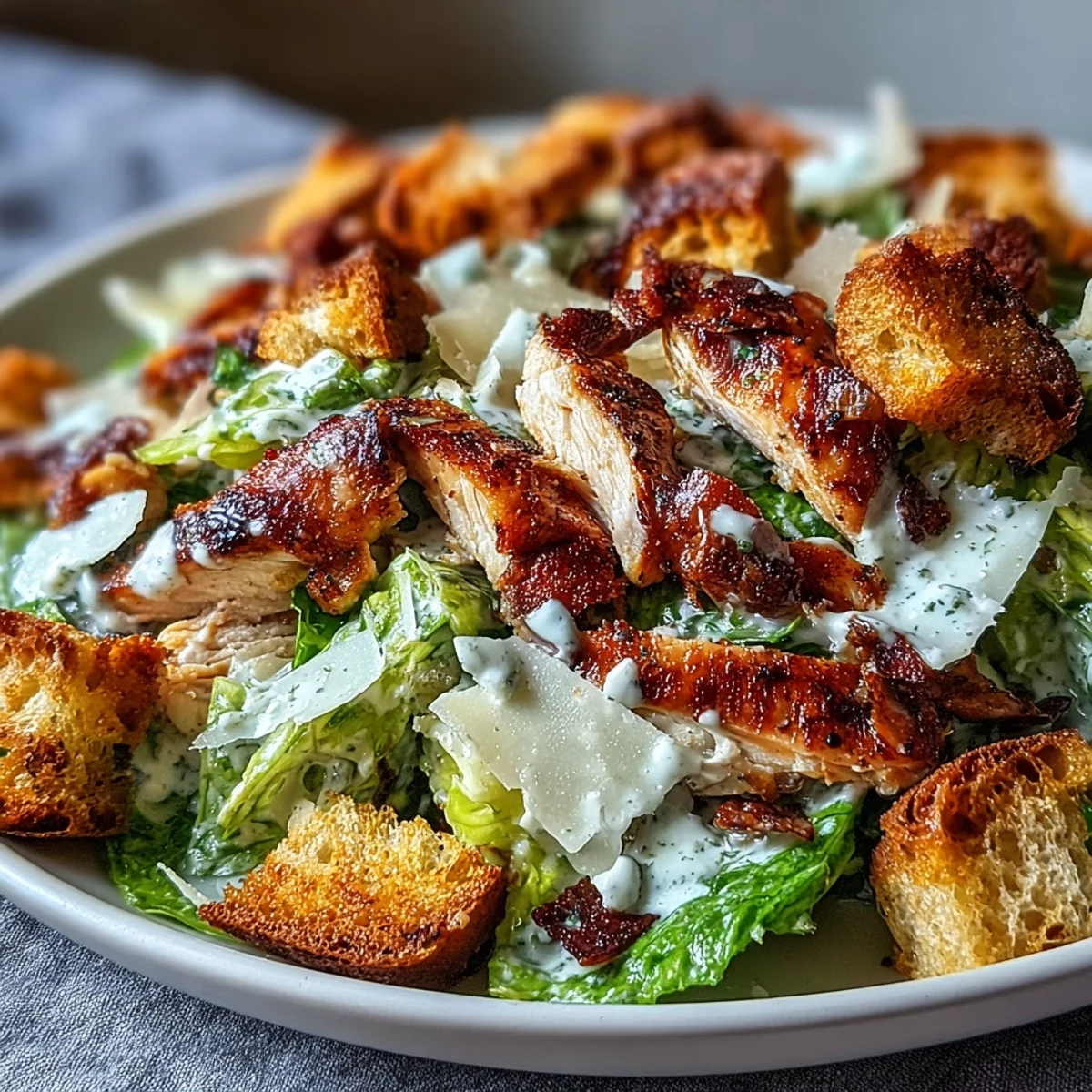 Freshly grilled chicken breast slices over romaine lettuce, topped with tangy Greek yogurt Caesar dressing and crunchy sourdough croutons.  