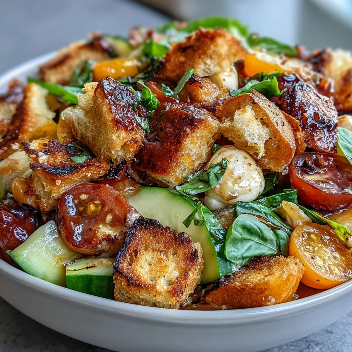 Sourdough Panzanella Salad with Heirloom Tomatoes and Basil Vinaigrette: a rustic Italian dish with crunchy sourdough croutons and juicy heirloom tomatoes.
