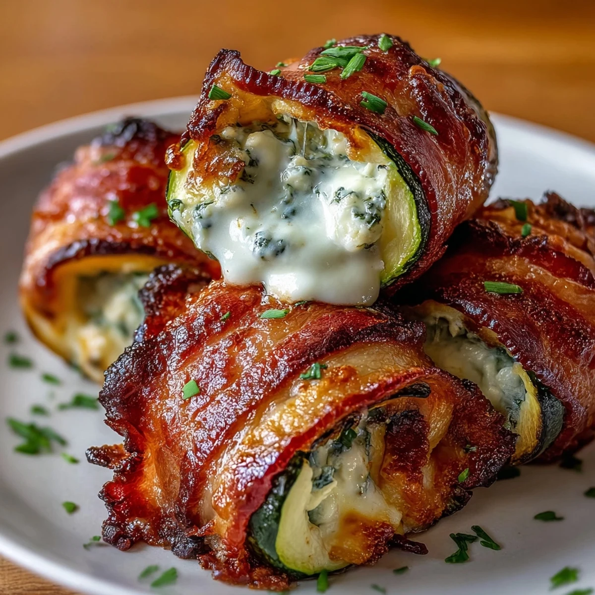 Low-carb zucchini boats stuffed with creamy mozzarella and Parmesan, wrapped in sizzling bacon and baked to perfection for a keto-friendly dinner.  
