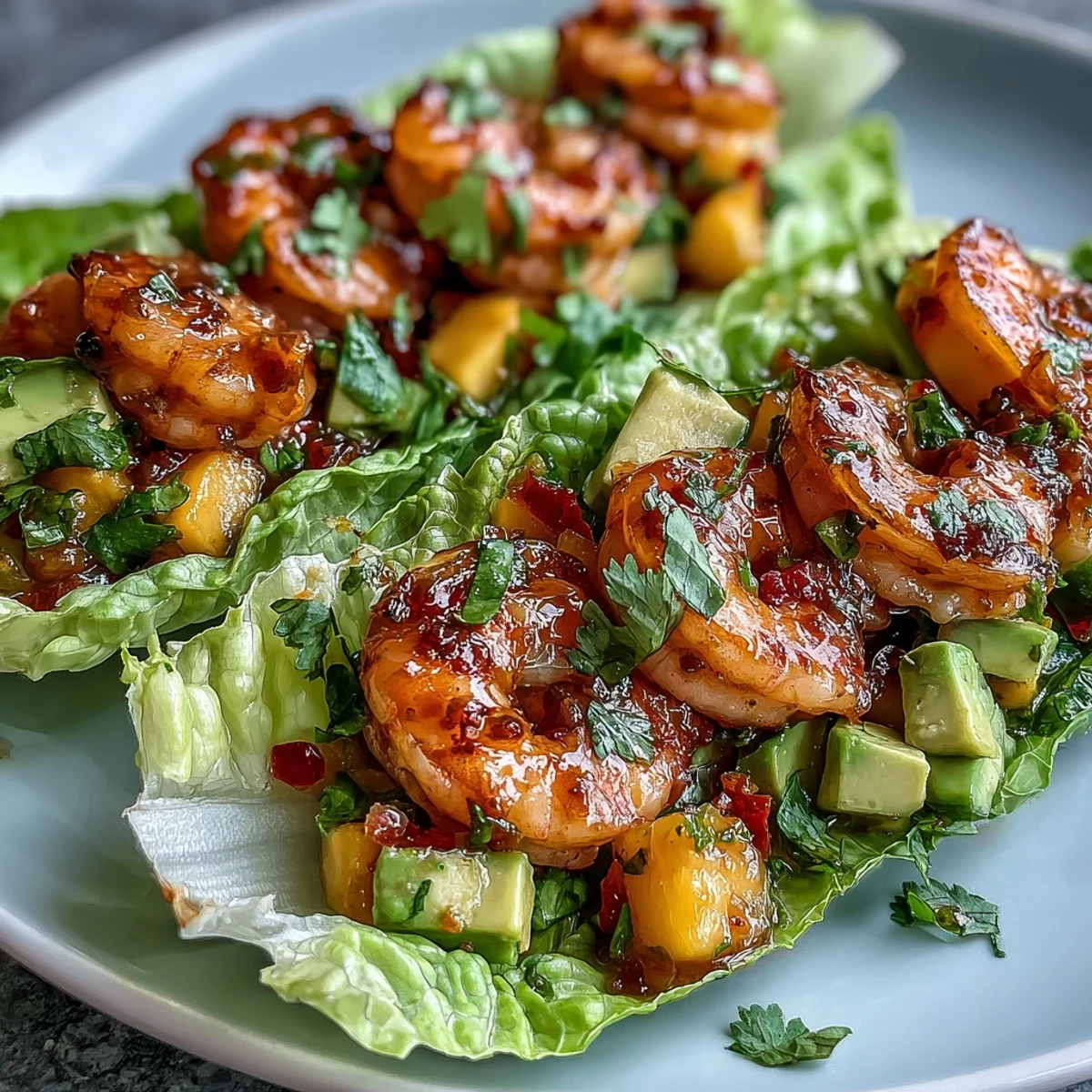 Lightened-Up Mango Salsa Shrimp Lettuce Tacos with juicy shrimp and vibrant mango salsa in crisp lettuce cups.