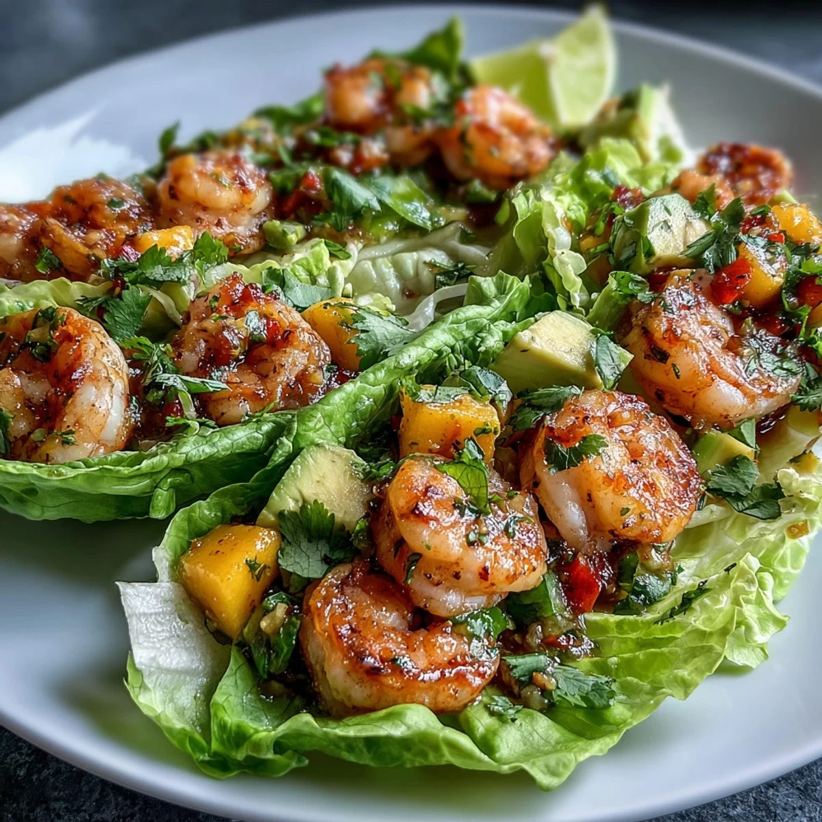 Colorful mango salsa shrimp tacos served in fresh lettuce wraps, topped with avocado and lime for a healthy summer meal.