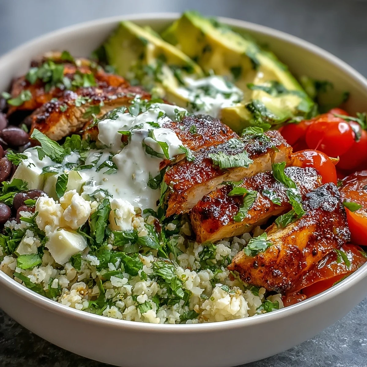 400-calorie burrito bowl with cilantro-lime cauliflower rice, topped with seasoned chicken, black beans, avocado, and fresh veggies for a healthy, low-calorie meal.  