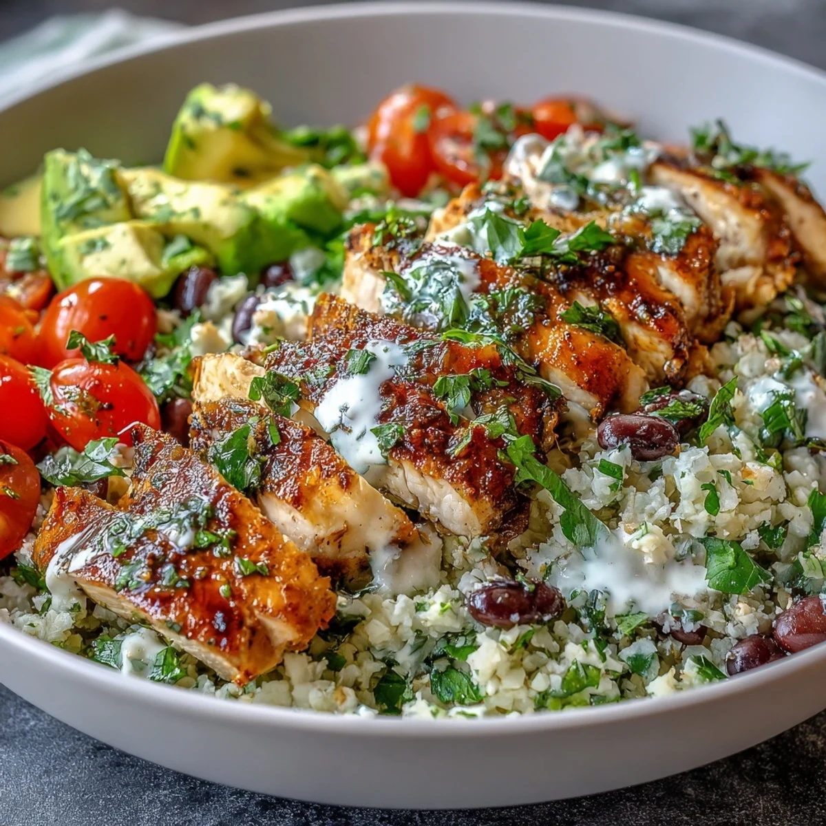 Vibrant burrito bowl featuring zesty cilantro-lime cauliflower rice, juicy chicken breast, creamy avocado, and colorful toppings in a nutritious, gluten-free dish.  