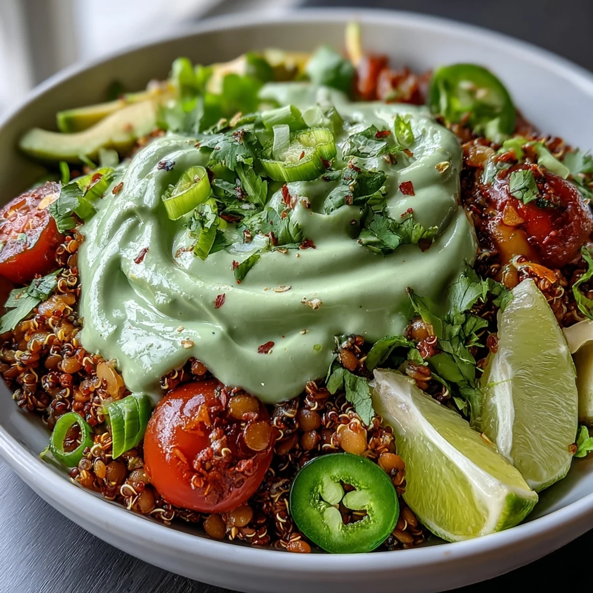 Hearty One-Pot Lentil Taco Meat Quinoa Bowls with creamy avocado lime crema and fresh toppings.  