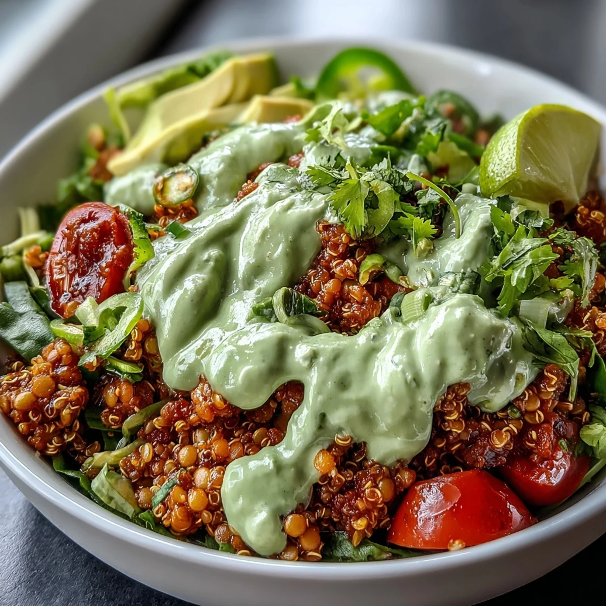 Flavorful vegan lentil-quinoa taco meat simmered in spices, served in bowls with zesty avocado lime crema.  